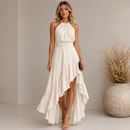 Elara – Asymmetrisches Maxikleid mit Volants